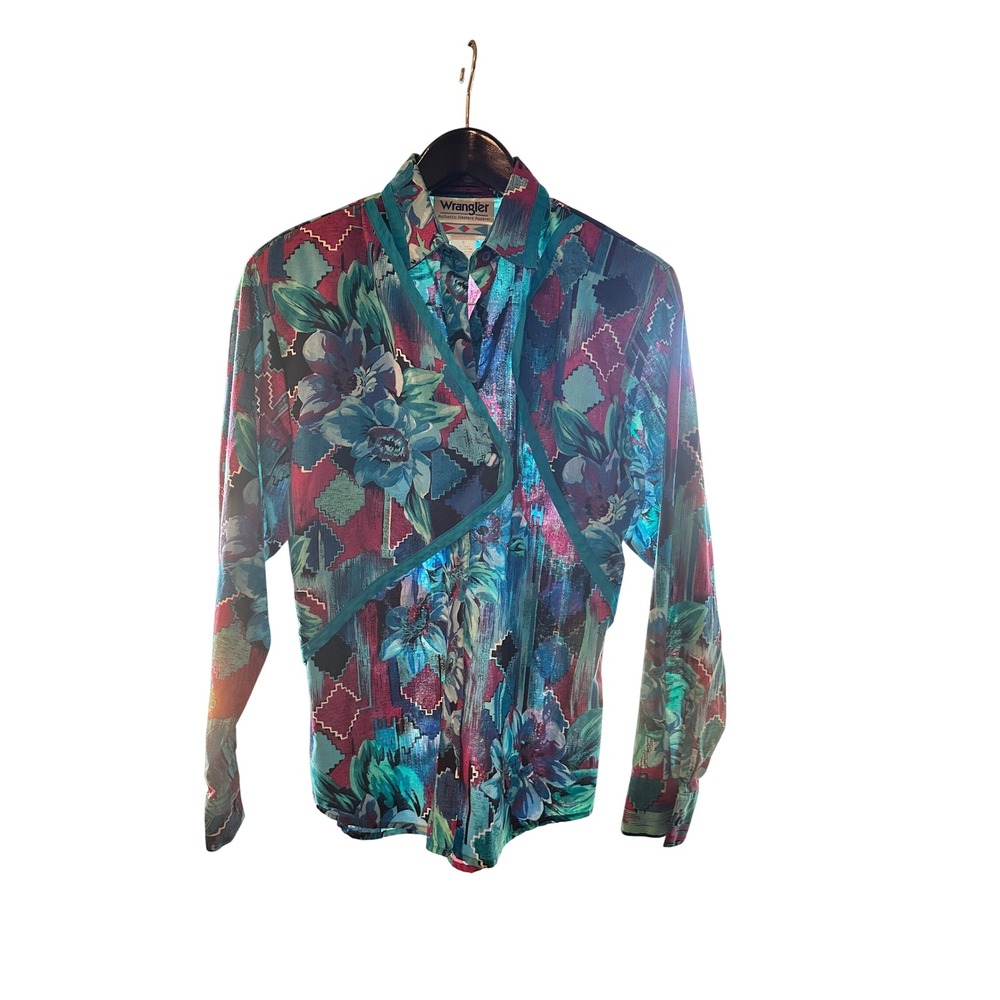 Vintage Wrangler Western Floral Print Teal Trim‎ Button Up Shirt Small